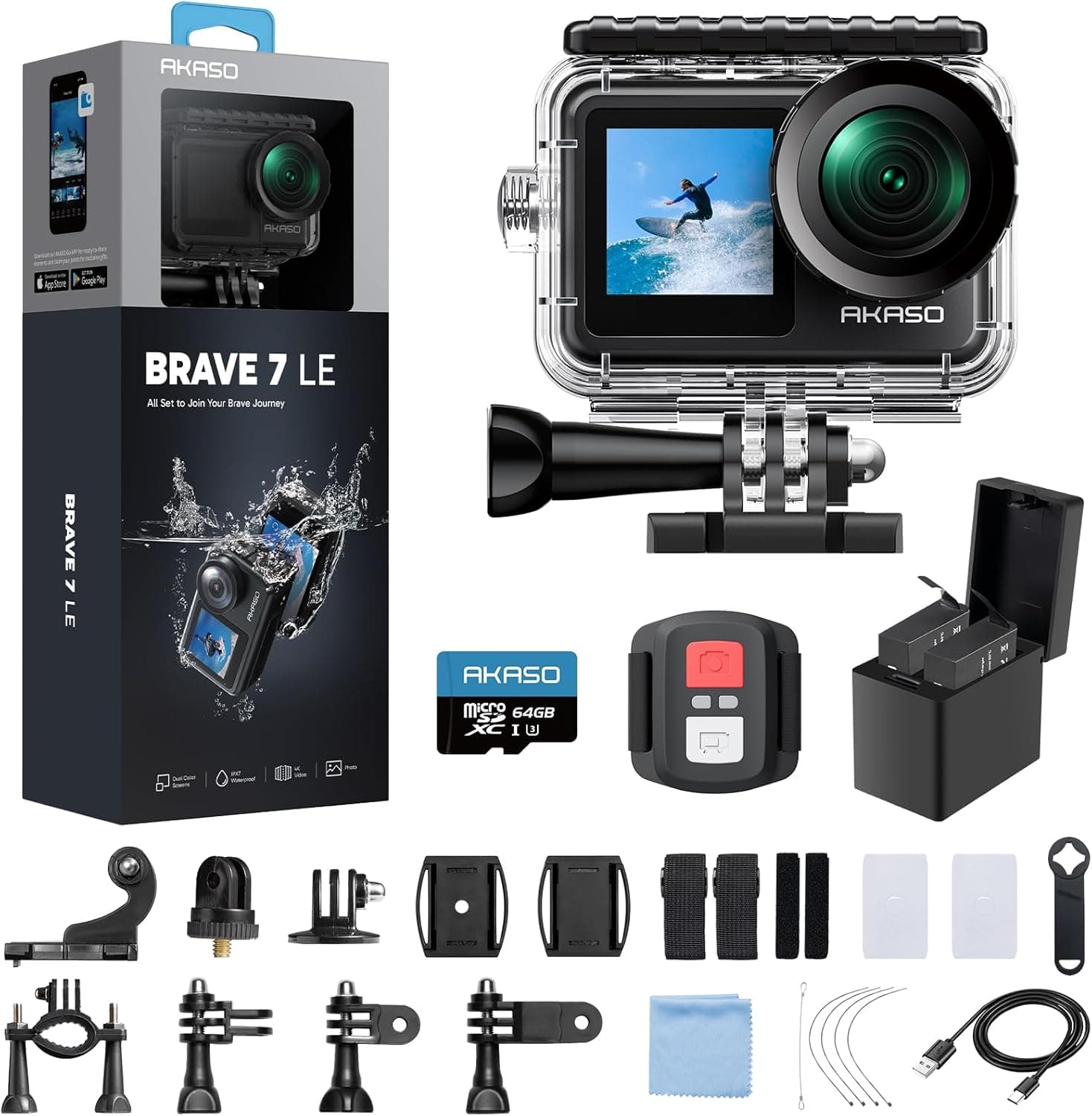 AKASO Brave 7 LE 4K30fps Cámara de acción con tarjeta de memoria MicroSDXC U3 de 64 GB Kit de accesorios Paquete Ultra HD 131FT Cámara impermeable EIS 2.0 WiFi Control remoto Zoom Cámara subacuática - imagen 1