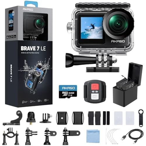 AKASO Brave 7 LE 4K30fps Cámara de acción con tarjeta de memoria MicroSDXC U3 de 64 GB Kit de accesorios Paquete Ultra HD 131FT Cámara impermeable EIS 2.0 WiFi Control remoto Zoom Cámara subacuática - imagen 2