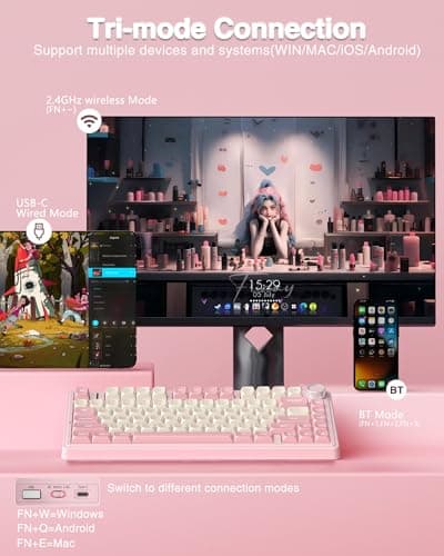 AULA F75 Teclado mecánico inalámbrico 75%, teclado rosa cremoso intercambiable en caliente, interruptores lineales prelubricados, teclas PBT, 2,4 GHz/Tipo-C/BT5.0, teclados para juegos de computadora retroiluminados RGB para oficina/portátil/PC - imagen 4