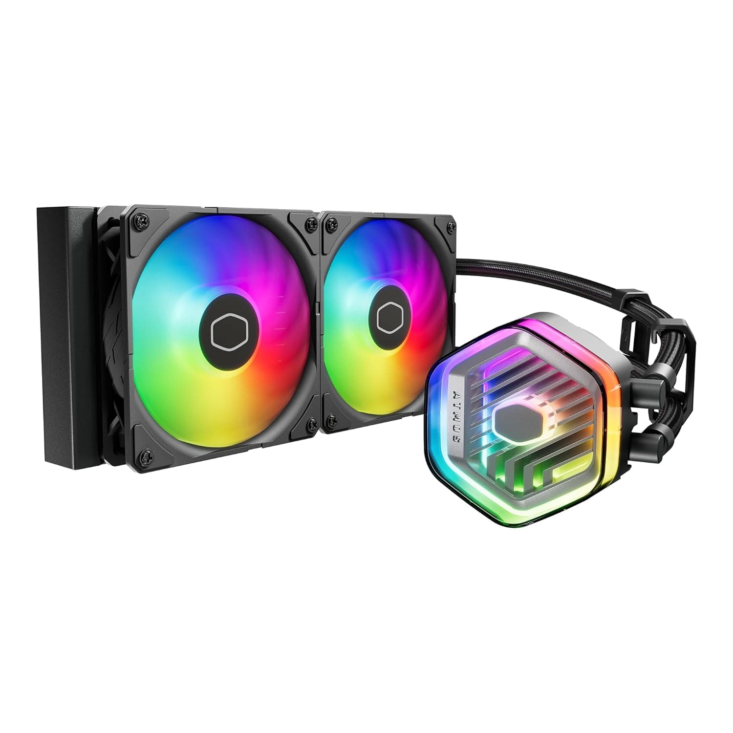 Cooler Master 240 Atmos Enfriador líquido AIO de circuito cerrado de alto rendimiento, bomba de doble cámara R9|i7, cubierta personalizada, Sickleflow Edge PWM, iluminación aRGB, AMD Ryzen AM5|4, plataforma Intel LGA 1851|1700 - imagen 1