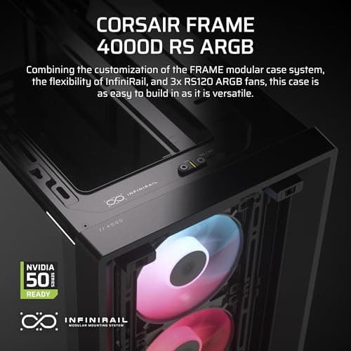 CORSAIR 4000D RS ARGB Frame Modular Mid-Tower ATX PC Case, alto flujo de aire, 3 ventiladores RS preinstalados, sistema de montaje InfiniRail™, ASUS BTF, MSI Zero, Gigabyte Stealth, negro - imagen 3