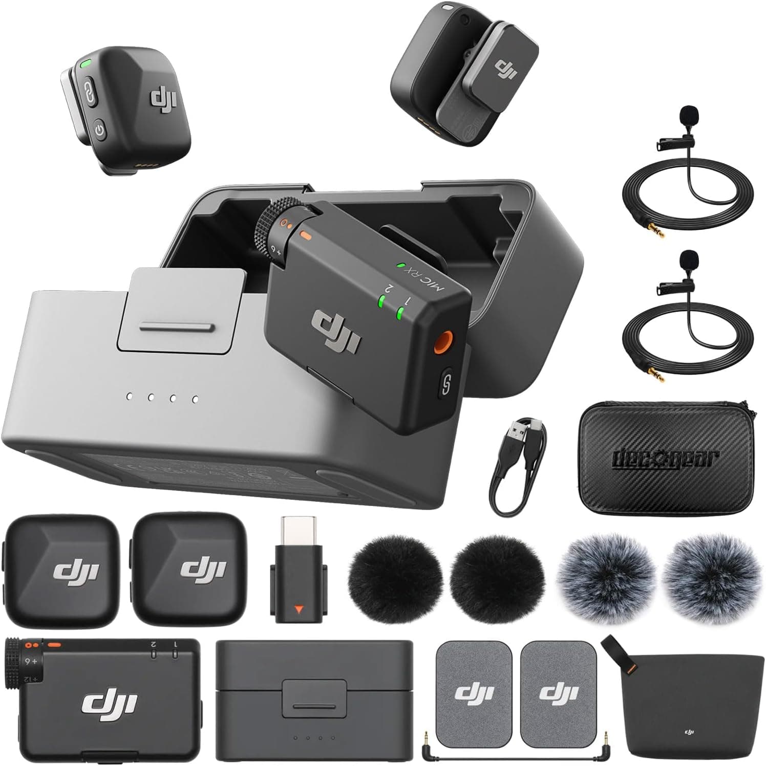 DJI Mic Mini (2 TX + 1 RX + estuche de carga) Micrófono Lavalier inalámbrico, ultraligero, cancelación de ruido, batería de hasta 48 horas de duración con 2 micrófonos de solapa Deco Gear y estuche EVA de 5" - imagen 1