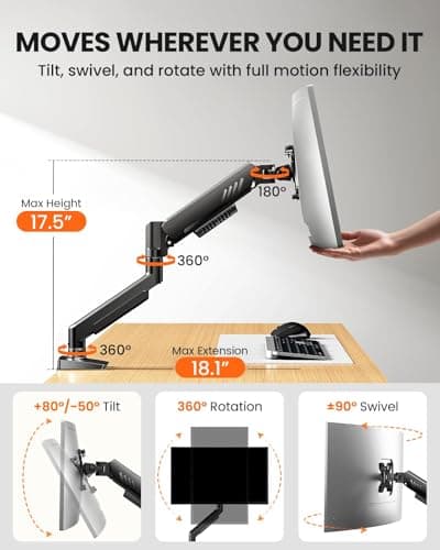 ErGear Brazo para monitor único, soporte de monitor totalmente ajustable para pantallas de 13 a 34 pulgadas, soporte para monitor de computadora de instalación rápida con soporte VESA sin herramientas, gestión de cables, soporta 19,8 libras, VESA máx. 100 x 100 mm - imagen 5
