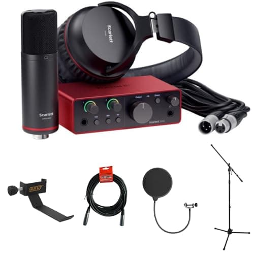 Focusrite Scarlett Solo Studio USB-C interfaz de audio con micrófono y auriculares (4ª generación) con abrazadera en soporte para auriculares, trípode para micrófono + pluma, filtro Kellopy Pop y cable XLR - imagen 2