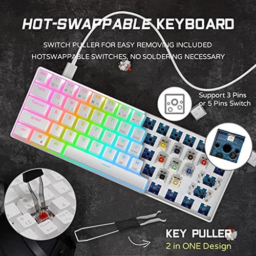 RK ROYAL KLUDGE RK61 60% Teclado para juegos, Teclado mecánico RGB con cable con 61 teclas sin conflicto, Teclados para juegos de PC intercambiables en caliente para Windows Mac, Interruptor rojo silencioso-Blanco - imagen 5