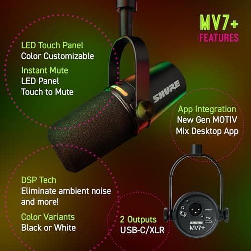 Shure MV7+ Micrófono dinámico - Micrófono de podcast USB-C y XLR para streaming, grabación y transmisión, certificado OBS, modo de nivel automático, filtro pop digital, panel LED, negro - imagen 4
