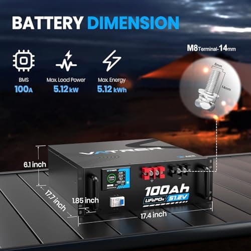 Batería de litio LiFePO4 de VATRER POWER 48V 100AH, BMS incorporado de 100A, con pantalla inteligente táctil y aplicación móvil, máx. Salida de potencia de 4800 W, más de 5000 ciclos, perfecto para sistemas solares y aplicaciones fuera de la red - imagen 3