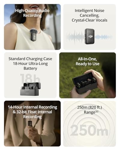 DJI Mic 2 (2 TX + 1 RX + estuche de carga), micrófono inalámbrico todo en uno, cancelación inteligente de ruido, grabación interna flotante de 32 bits, alcance de 250 m (820 pies), micrófono para iPhone, Android, cámara - imagen 3