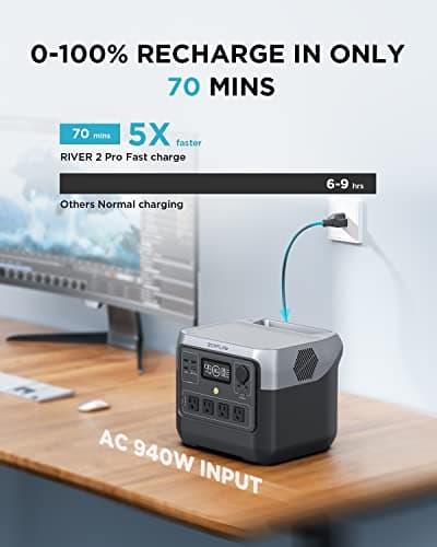 EF ECOFLOW Estación de energía portátil RIVER 2 Pro, batería LiFePO4 de 768 Wh, carga rápida de 70 minutos, 4 tomas de CA de 800 W (X-Boost 1600 W), generador solar para acampar al aire libre/casas rodantes/uso doméstico negro - imagen 3
