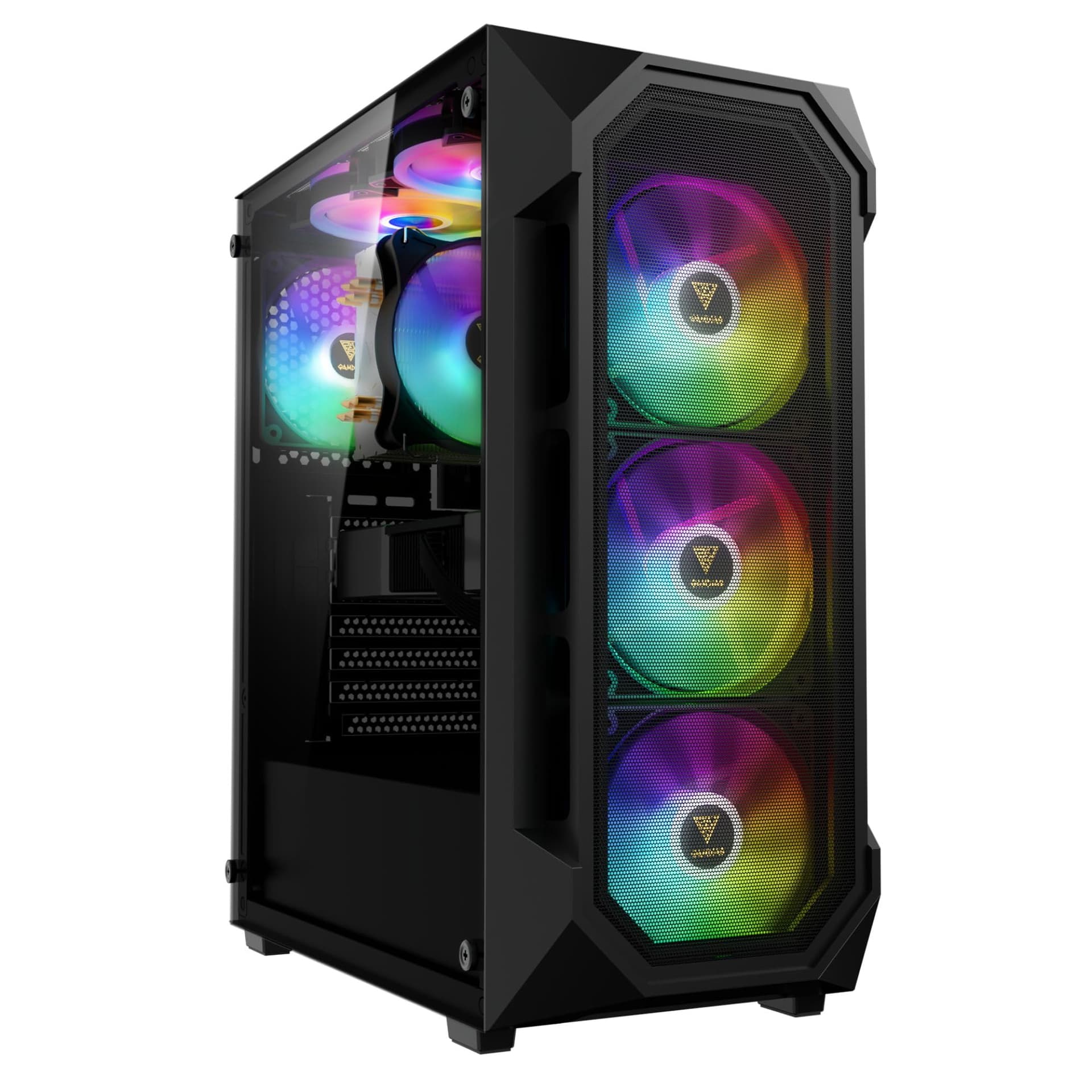 GAMDIAS ATX Caja de PC para computadora de juegos de torre media de vidrio templado, 4 ventiladores ARGB incorporados de 120 mm, malla de flujo de aire frontal, ventiladores de hasta 6 x 120 mm, GPU/VGA de 340 mm, AIO/radiador de 360 ​​mm, enfriador de CPU de 160 mm - imagen 1