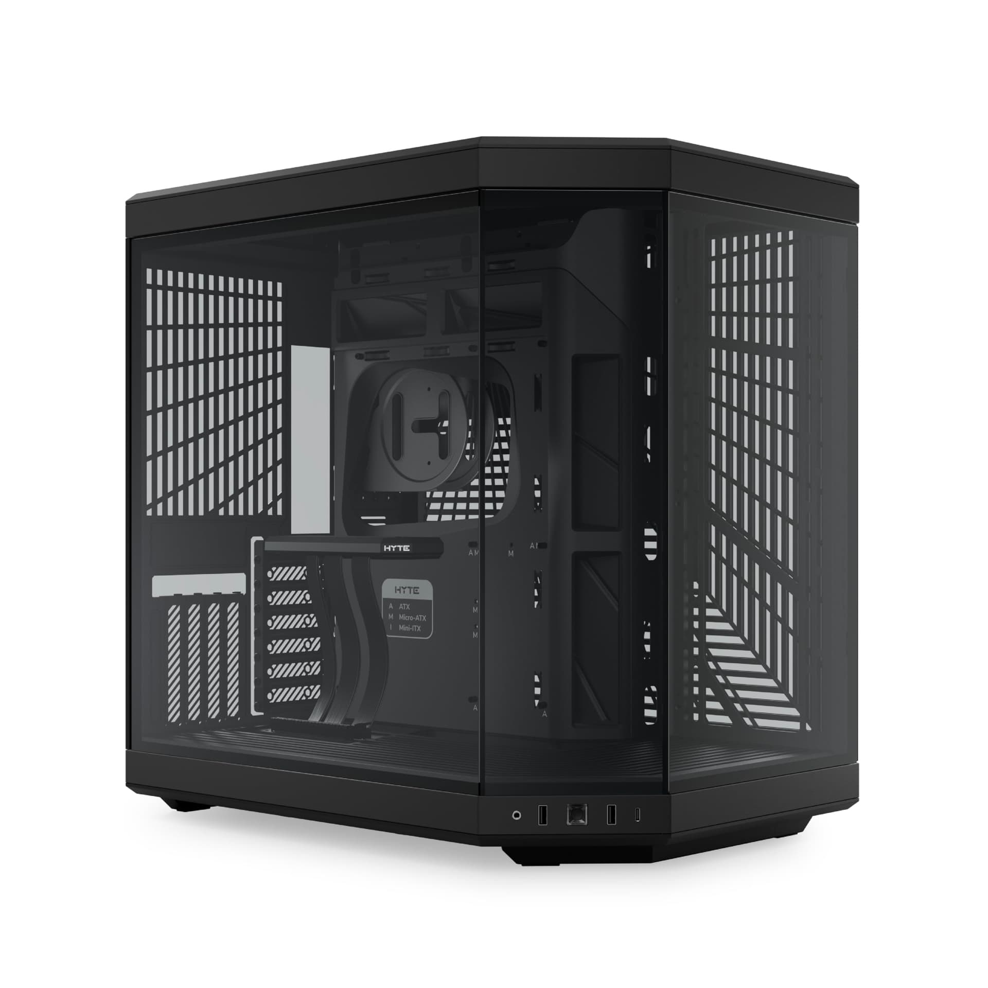 Hyte Y70 Estuche para juegos de computadora ATX de torre media de vidrio templado panorámico de doble cámara estético moderno mejorado con cable vertical PCIE 4.0 incluido, negro (CS-HYTE-Y70-B) - imagen 1