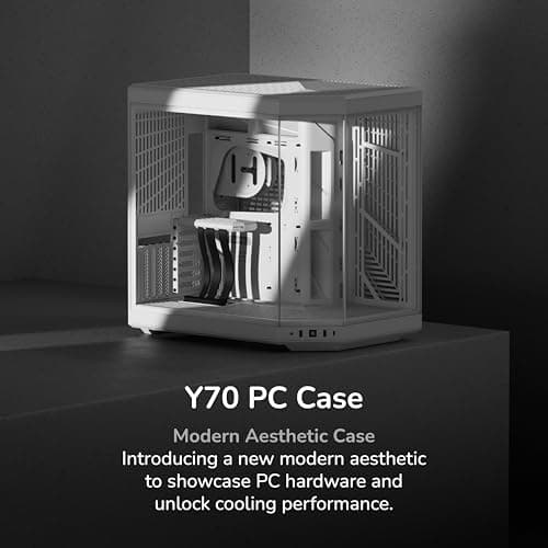 Hyte Y70 Estuche para juegos de computadora ATX de torre media de vidrio templado panorámico de doble cámara estético moderno mejorado con cable vertical PCIE 4.0 incluido, blanco nieve (CS-HYTE-Y70-WW) - imagen 3