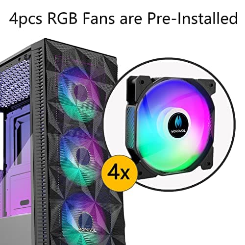 MOROVOL Caja para PC preinstalada con 4 ventiladores RGB, caja para computadora para juegos ATX con panel frontal de malla en forma de diamante y panel lateral de vidrio templado, caja de torre media con flujo de aire USB 3.0,621 - imagen 3