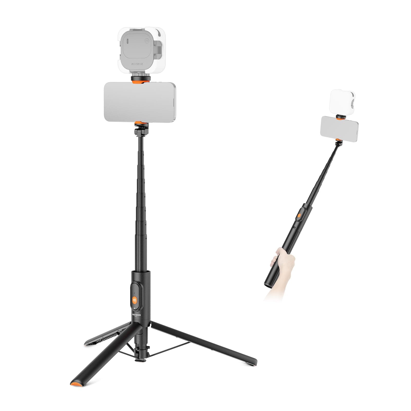 NEEWER Trípode Palo Selfie de 57,9" Compatible con iPhone Samsung Android, Soporte para teléfono Celular de Viaje Ligero y portátil de Metal con Soporte para teléfono y Control Remoto para grabación de Video, PA992 Negro - imagen 1