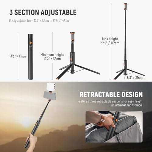 NEEWER Trípode Palo Selfie de 57,9" Compatible con iPhone Samsung Android, Soporte para teléfono Celular de Viaje Ligero y portátil de Metal con Soporte para teléfono y Control Remoto para grabación de Video, PA992 Negro - imagen 3