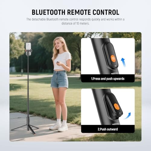 NEEWER Trípode Palo Selfie de 57,9" Compatible con iPhone Samsung Android, Soporte para teléfono Celular de Viaje Ligero y portátil de Metal con Soporte para teléfono y Control Remoto para grabación de Video, PA992 Negro - imagen 5