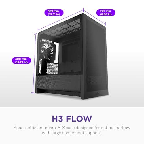 NZXT H3 Flow – Caja de PC Micro-ATX – Flujo de aire optimizado – Incluye 1 ventilador trasero de 120 mm – Admite GPU de tamaño completo – Se adapta a un radiador frontal de 280 mm y superior de 240 mm – Placa base de conexión posterior – Negro - imagen 3