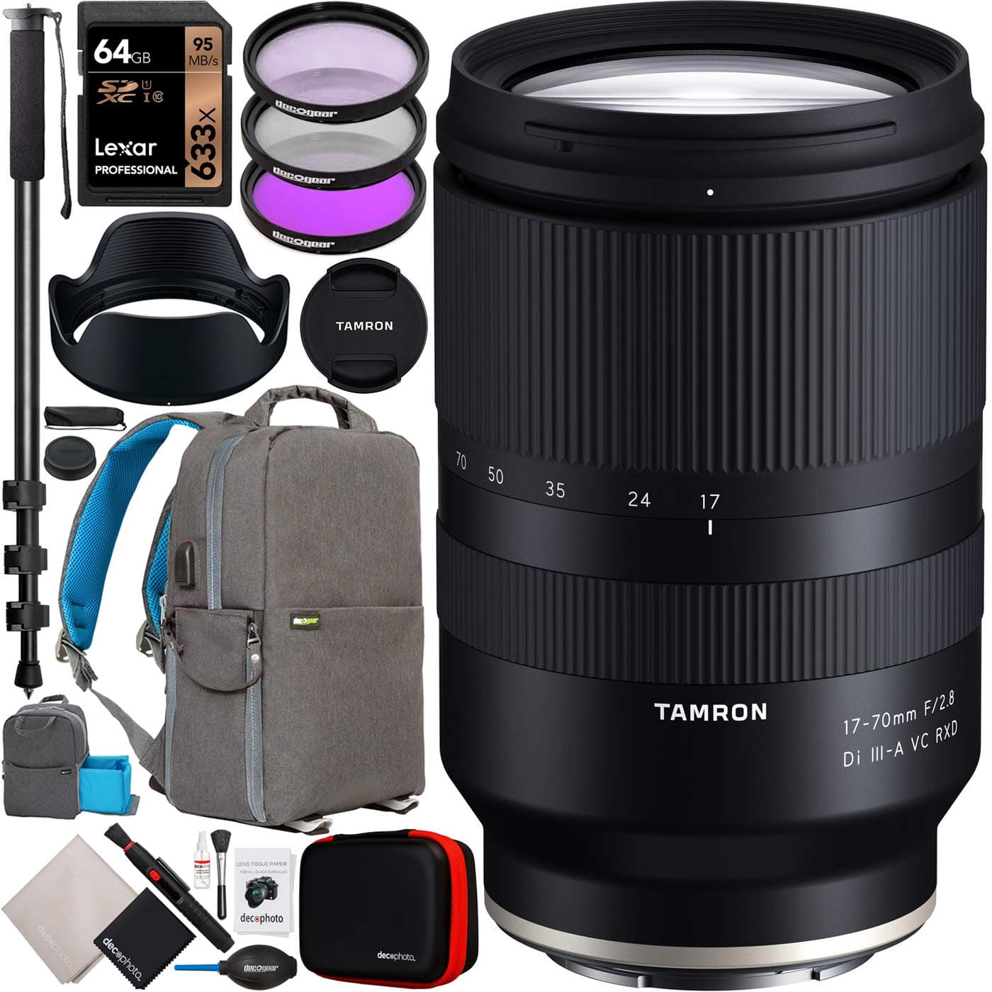 Tamron 0.669-2.756 in F/2.8 Di III-A VC RXD lente modelo B070 para cámaras Sony E-Mount APS-C sin espejo, paquete con estuche para mochila de fotografía Deco Gear + kit de filtro + tarjeta de 64 GB + monopié + accesorios - imagen 1
