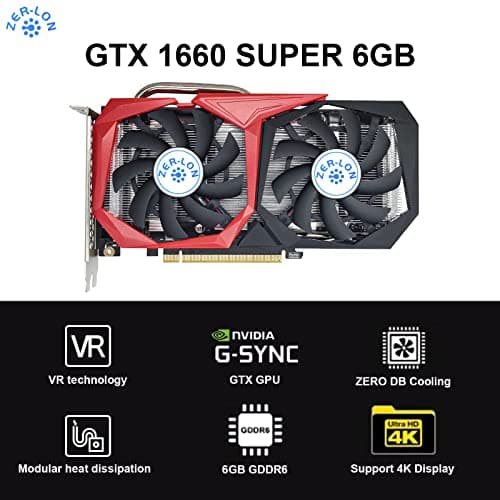 ZER-LON Tarjetas gráficas GeForce GTX 1660 Super 6GB, GDRR6 192Bit PCIE 3.0X16 Gpu para juegos de computadora, tarjeta de video con ventiladores de congelación duales con puertos HDMI/DP/DVI compatible con 4K y 8K HD - imagen 4