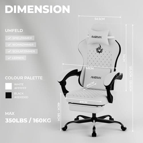 Silla para juegos con masaje, silla ergonómica para juegos de PC Sillas para computadora con reposapiés Cómodo reposacabezas y soporte lumbar, respaldo alto BLANCO NEGRO - imagen 5