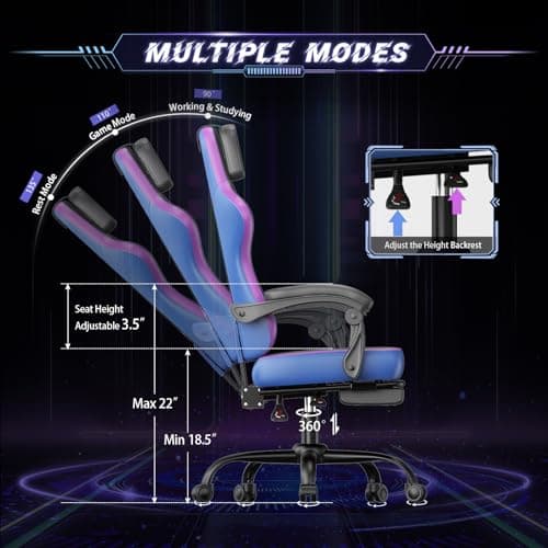 AA Products Silla ergonómica para juegos con respaldo alto, silla de carreras para computadora, silla de oficina ajustable con reposapiés, soporte lumbar giratorio - NegroAzul - imagen 3