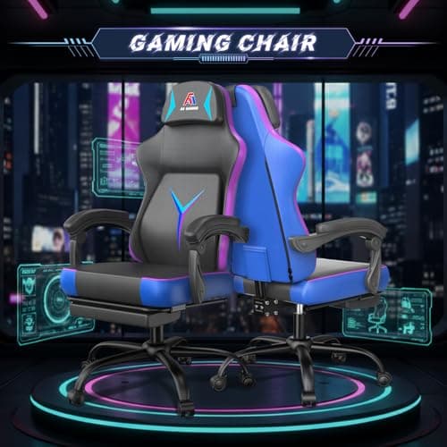 AA Products Silla ergonómica para juegos con respaldo alto, silla de carreras para computadora, silla de oficina ajustable con reposapiés, soporte lumbar giratorio - NegroAzul - imagen 4