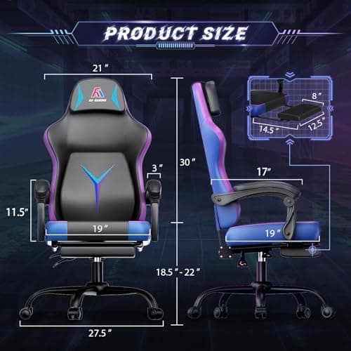 AA Products Silla ergonómica para juegos con respaldo alto, silla de carreras para computadora, silla de oficina ajustable con reposapiés, soporte lumbar giratorio - NegroAzul - imagen 5