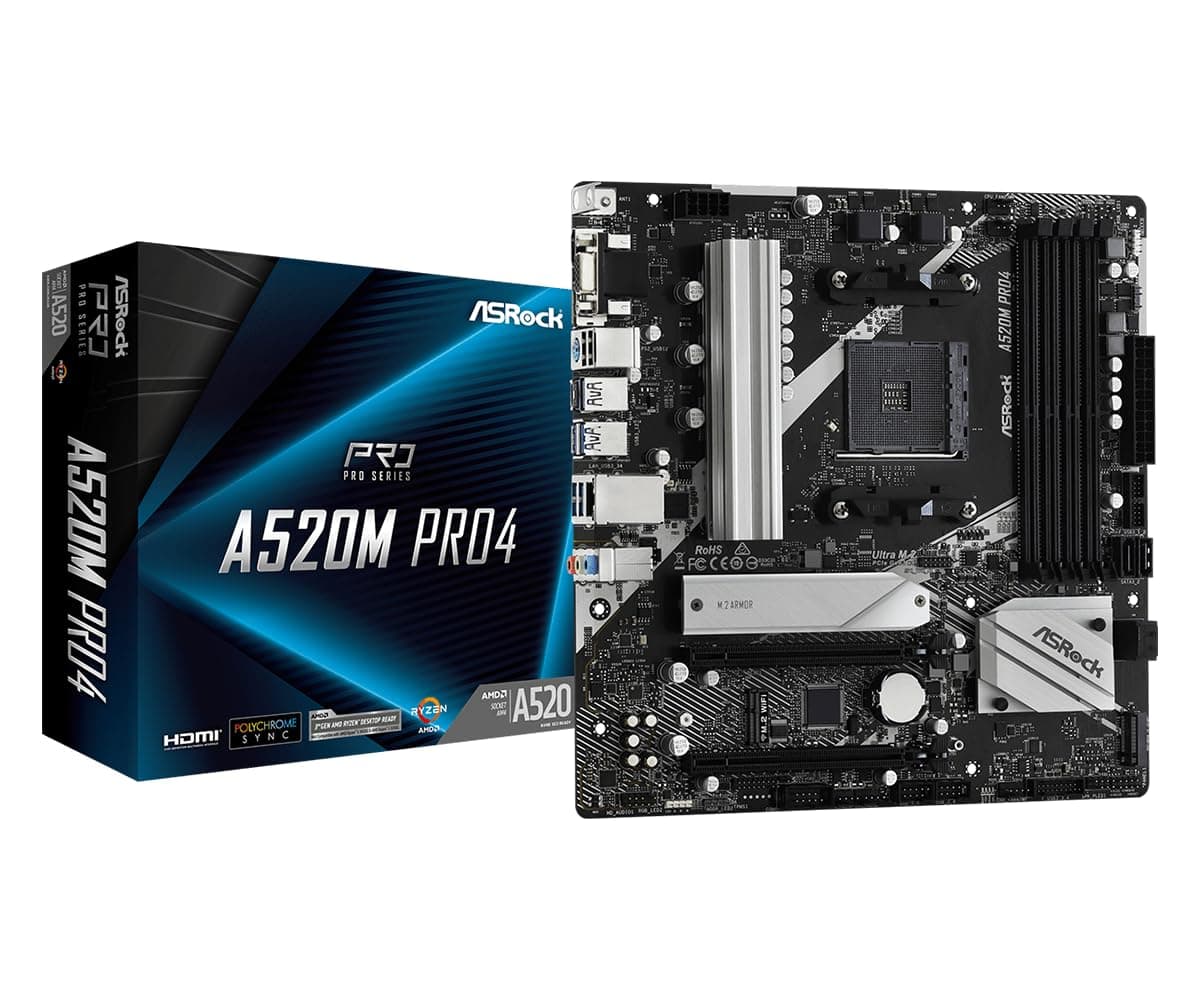 ASRock A520M Pro4 AMD Ryzen 3000/4000 Series (Soket AM4) Compatible con chipset A520, placa base Micro ATX [Producto de distribuidor nacional autorizado] - imagen 1