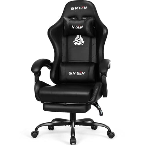 N-GEN GAMING Silla para videojuegos con reposapiés y soporte lumbar para oficina en casa, reclinable con respaldo alto, altura ajustable, ergonómica, cómoda silla de escritorio para ordenador (negro carbón) - imagen 2