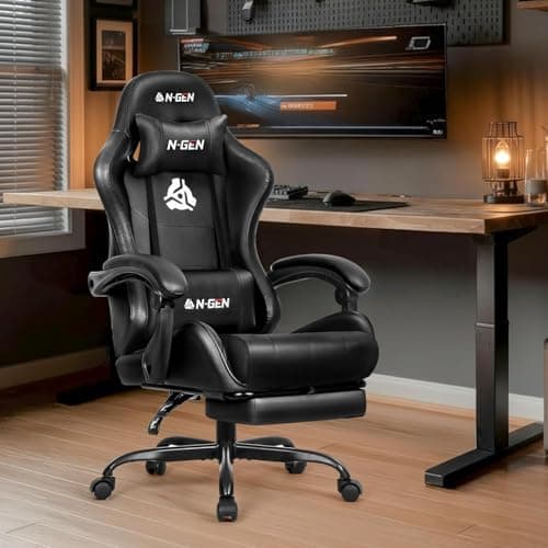 N-GEN GAMING Silla para videojuegos con reposapiés y soporte lumbar para oficina en casa, reclinable con respaldo alto, altura ajustable, ergonómica, cómoda silla de escritorio para ordenador (negro carbón) - imagen 3