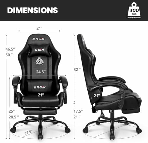 N-GEN GAMING Silla para videojuegos con reposapiés y soporte lumbar para oficina en casa, reclinable con respaldo alto, altura ajustable, ergonómica, cómoda silla de escritorio para ordenador (negro carbón) - imagen 4