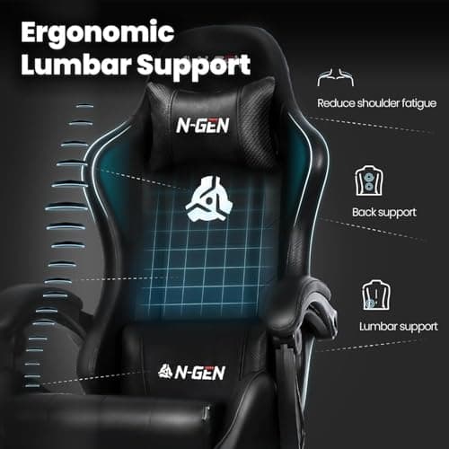 N-GEN GAMING Silla para videojuegos con reposapiés y soporte lumbar para oficina en casa, reclinable con respaldo alto, altura ajustable, ergonómica, cómoda silla de escritorio para ordenador (negro carbón) - imagen 5