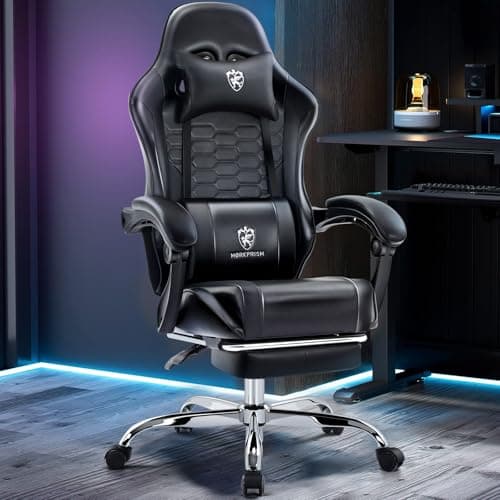 Silla para Juegos,Silla de Oficina para computadora con reposapiés,Masaje,Negro | Almohadilla de gel, ergonómica, cojín de resortes ensacados, respaldo alto, reclinable, soporte lumbar y reposacabezas, silla gamer de cuero para adultos - imagen 3