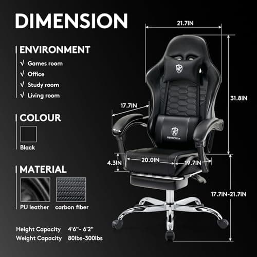 Silla para Juegos,Silla de Oficina para computadora con reposapiés,Masaje,Negro | Almohadilla de gel, ergonómica, cojín de resortes ensacados, respaldo alto, reclinable, soporte lumbar y reposacabezas, silla gamer de cuero para adultos - imagen 4