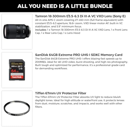 Lente Tamron 18-300 mm f/3.5-6.3 Di III-A VC VXD para paquete de tarjeta Sony E de 64 GB | El paquete incluye una tarjeta Extreme PRO SDXC de 64 GB (lectura de 200 MB/s) y un filtro UV Tiffen de 67 mm. Cuenta con zoom de 16,6x con estabilización VC - imagen 3