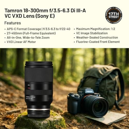 Lente Tamron 18-300 mm f/3.5-6.3 Di III-A VC VXD para paquete de tarjeta Sony E de 64 GB | El paquete incluye una tarjeta Extreme PRO SDXC de 64 GB (lectura de 200 MB/s) y un filtro UV Tiffen de 67 mm. Cuenta con zoom de 16,6x con estabilización VC - imagen 4
