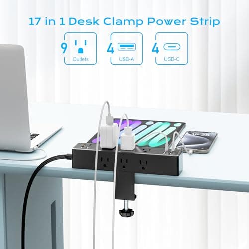 Regleta con abrazadera de escritorio de 10 pies, estación de carga rápida total de 40 W | 9 salidas de CA, 8 puertos USB (4 USB C), 2 puertos USB C PD20W, cable de extensión de enchufe plano, soporte para borde de escritorio, apto para borde de mesa de 1,7" - imagen 3