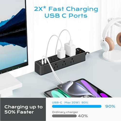 Regleta con abrazadera de escritorio de 10 pies, estación de carga rápida total de 40 W | 9 salidas de CA, 8 puertos USB (4 USB C), 2 puertos USB C PD20W, cable de extensión de enchufe plano, soporte para borde de escritorio, apto para borde de mesa de 1,7" - imagen 4