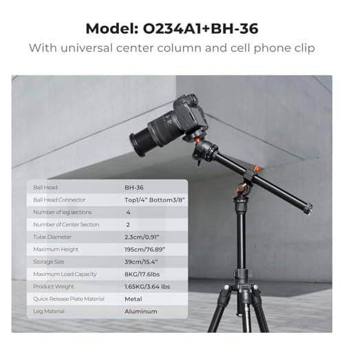 K&F Concept Trípode de cámara de 76 pulgadas con columna central giratoria de múltiples ángulos, trípodes ligeros de viaje al aire libre para DSLR con cabeza de bola de 360 grados, capacidad de carga - imagen 5
