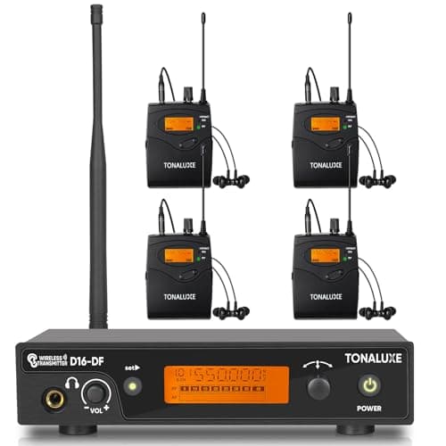 Sistema de monitor inalámbrico en el oído, sistema IEM mono con transmisor de montaje en rack de metal, paquete de 4 receptores UHF con auriculares, 100 frecuencias ajustables, rango de 262 pies para bandas de cantantes - imagen 2