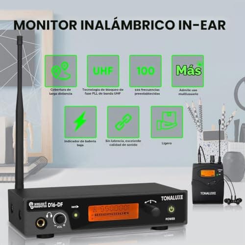 Sistema de monitor inalámbrico en el oído, sistema IEM mono con transmisor de montaje en rack de metal, paquete de 4 receptores UHF con auriculares, 100 frecuencias ajustables, rango de 262 pies para bandas de cantantes - imagen 3