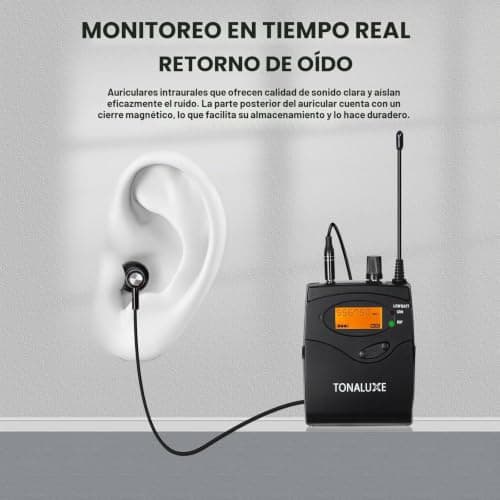 Sistema de monitor inalámbrico en el oído, sistema IEM mono con transmisor de montaje en rack de metal, paquete de 4 receptores UHF con auriculares, 100 frecuencias ajustables, rango de 262 pies para bandas de cantantes - imagen 4