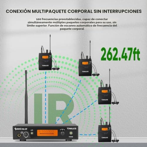 Sistema de monitor inalámbrico en el oído, sistema IEM mono con transmisor de montaje en rack de metal, paquete de 4 receptores UHF con auriculares, 100 frecuencias ajustables, rango de 262 pies para bandas de cantantes - imagen 5