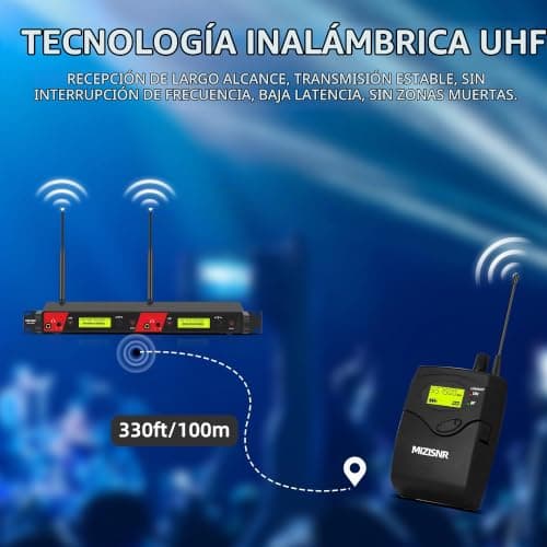 Sistema de monitor intrauditivo inalámbrico, Sistema IEM Pro Mono de 2 canales y 4 bodypacks para músicos, Monitor de montaje en rack de metal con frecuencias UHF de 2x40, alcance de 330 pies - imagen 4
