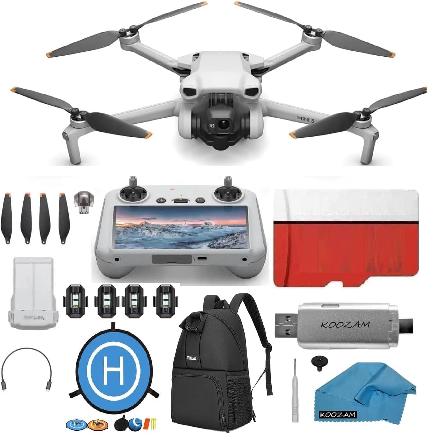 Drone DJI Mini 3 con kit de control remoto de pantalla DJI RC Paquete de drone con cámara, con SD de 128 GB, lector de tarjetas USB 3.0, plataforma de aterrizaje, mochila, luces estroboscópicas y más - imagen 1