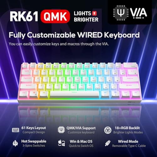 RK ROYAL KLUDGE RK61 60% Teclado para juegos, Teclado mecánico RGB con cable con 61 teclas sin conflicto, Teclados para juegos de PC intercambiables en caliente para Windows Mac, Interruptor rojo silencioso-Blanco - imagen 3