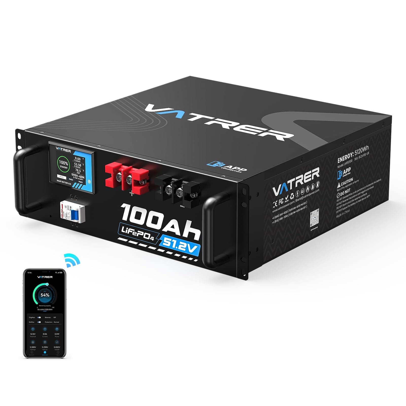 Batería de litio LiFePO4 de VATRER POWER 48V 100AH, BMS incorporado de 100A, con pantalla inteligente táctil y aplicación móvil, máx. Salida de potencia de 4800 W, más de 5000 ciclos, perfecto para sistemas solares y aplicaciones fuera de la red - imagen 1
