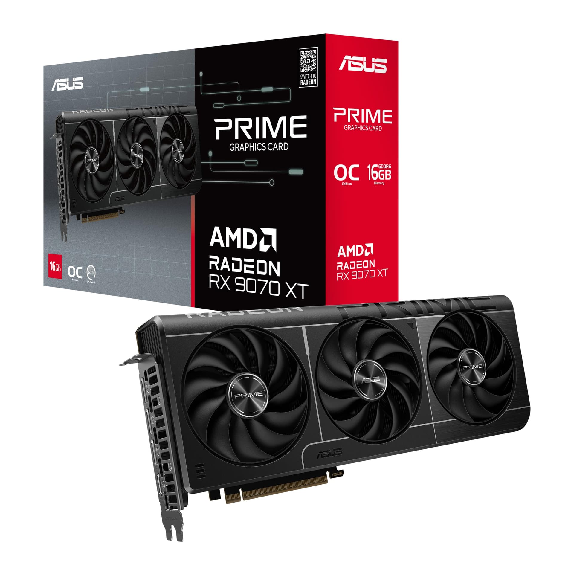 Tarjeta gráfica ASUS Prime Radeon™ RX 9070 XT OC Edition, AMD (PCIe 5.0, HDMI/DP 2.1, diseño de 2.5 ranuras, ventiladores de tecnología axial, rodamientos de bolas, BIOS dual, protector de GPU) - imagen 1