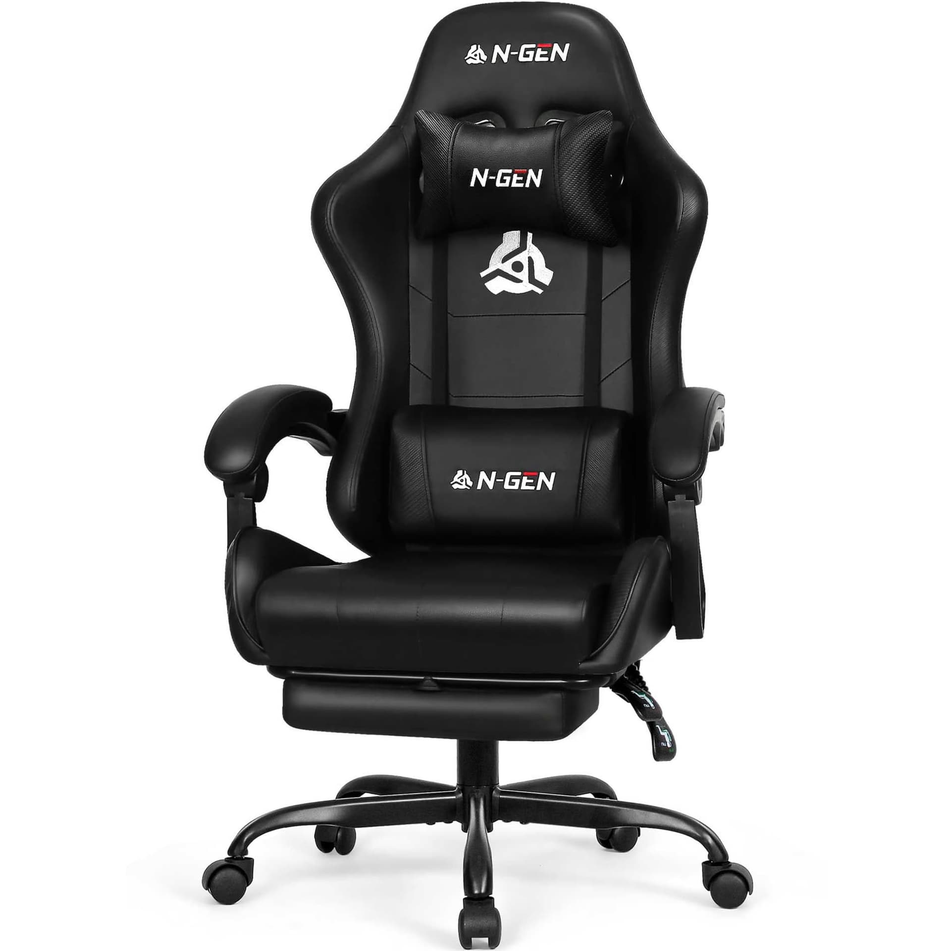 N-GEN GAMING Silla para videojuegos con reposapiés y soporte lumbar para oficina en casa, reclinable con respaldo alto, altura ajustable, ergonómica, cómoda silla de escritorio para ordenador (negro carbón) - imagen 1