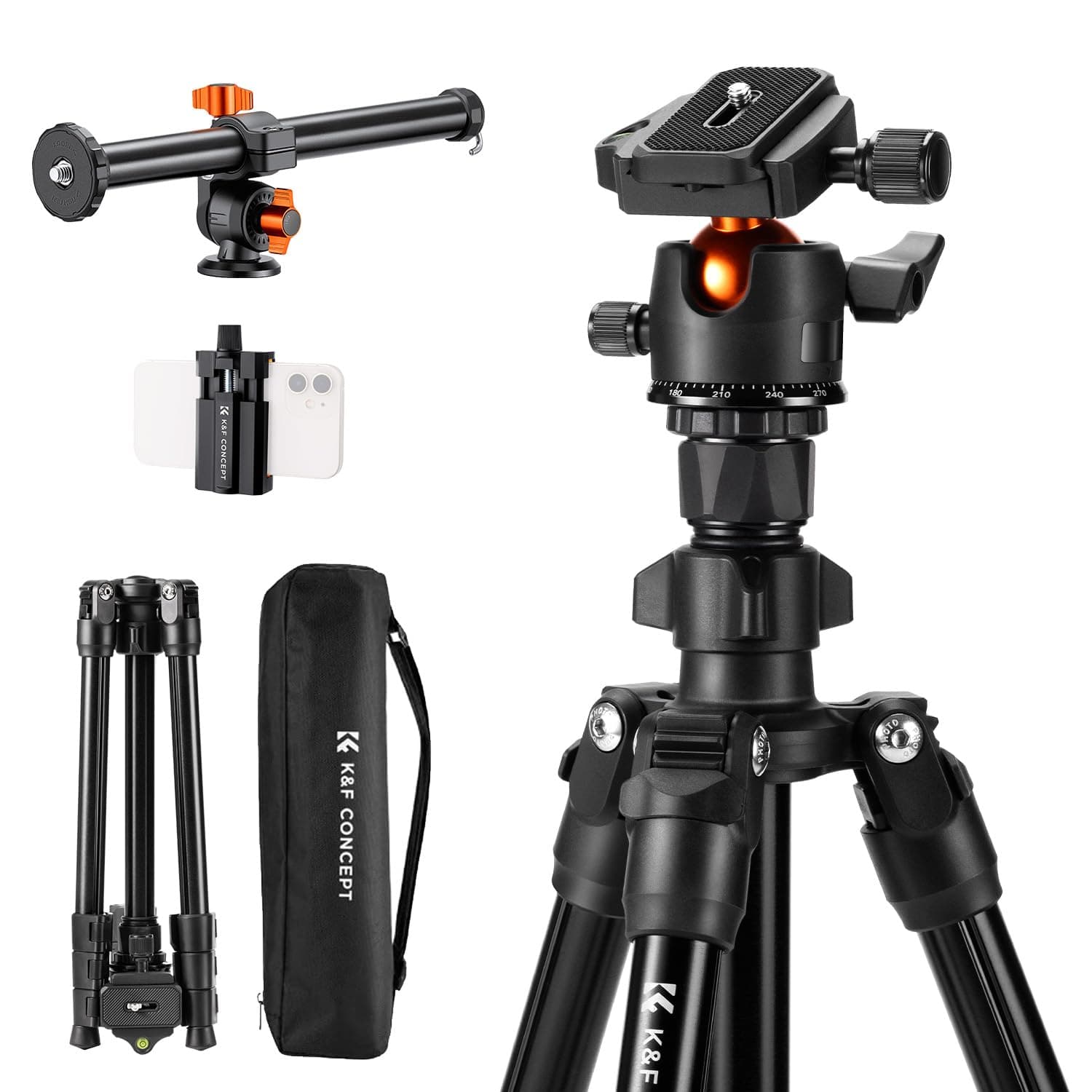 K&F Concept Trípode de cámara de 76 pulgadas con columna central giratoria de múltiples ángulos, trípodes ligeros de viaje al aire libre para DSLR con cabeza de bola de 360 grados, capacidad de carga - imagen 1